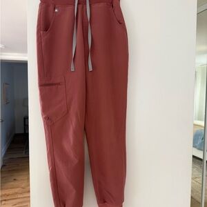 Figs Burgundy Jogger Pants with Gray Drawstring